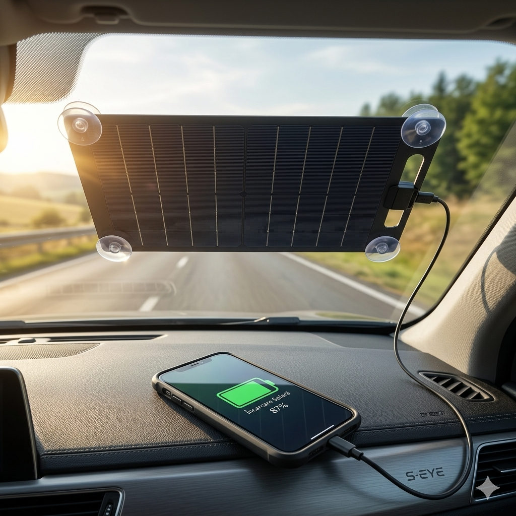 ☀️ Panou Solar Portabil S-Eye 10W – Încărcător Solar Monocristalin cu Ventuze, USB-A și Certificare TÜV | Camping & Travel