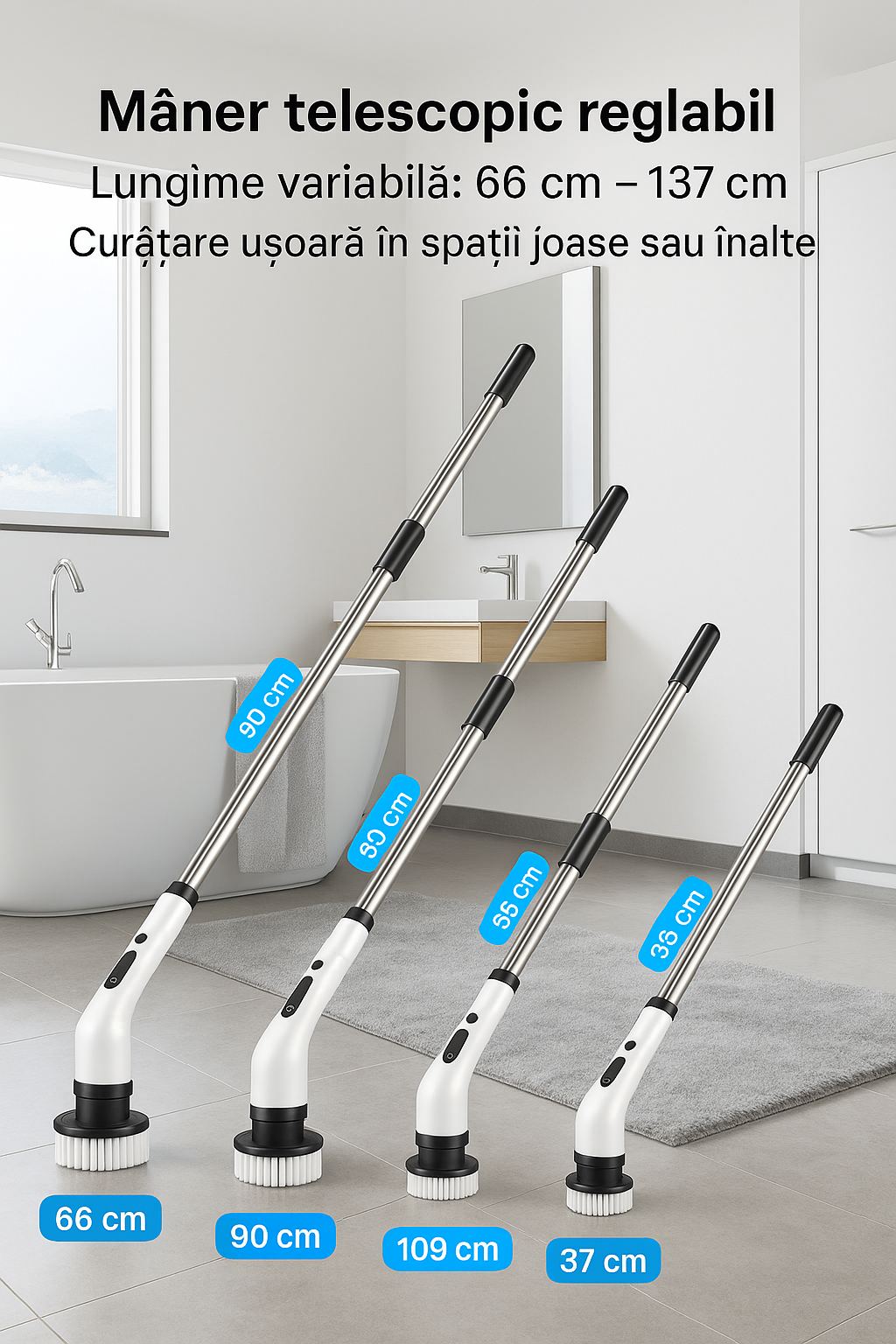 Perie Electrica Rotativa S-Eye, 9 Capete Interschimbabile, 450 RPM, 2 Trepte Viteza, Maner Extensibil 137 cm, Autonomie 90 min, Incarcare USB – Curatenie Rapida Baie, Bucatarie, Auto
