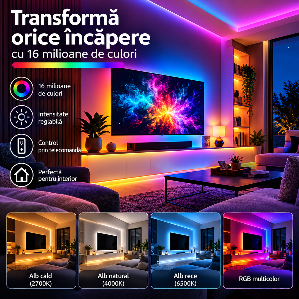 Bandă LED Philips RGB Interior 5m – 1500 lm, 24W, 256 Culori, Reglaj 10–100%, Telecomandă – imaginea 7