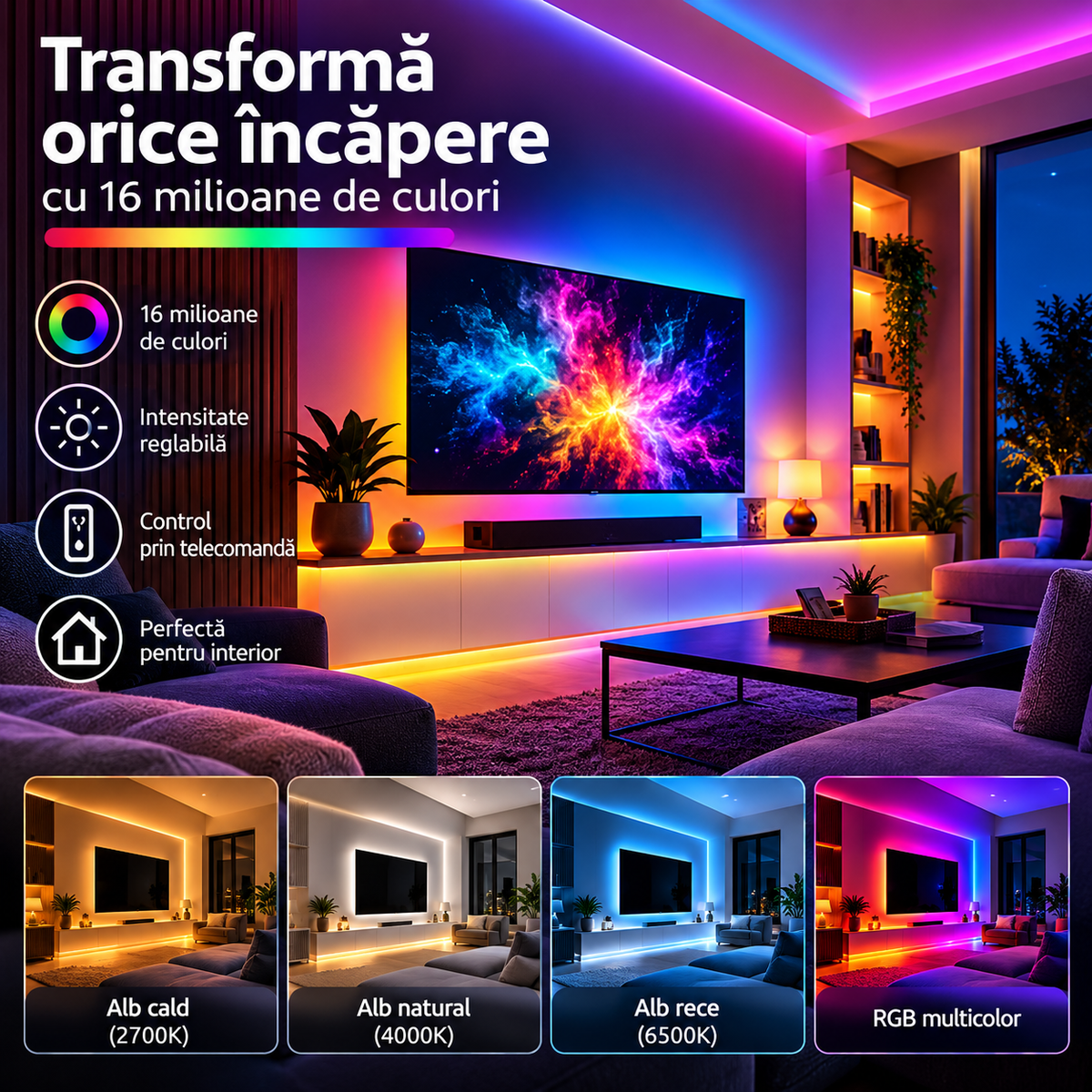 Bandă LED Philips RGB Interior 5m – 1500 lm, 24W, 256 Culori, Reglaj 10–100%, Telecomandă – imaginea 7