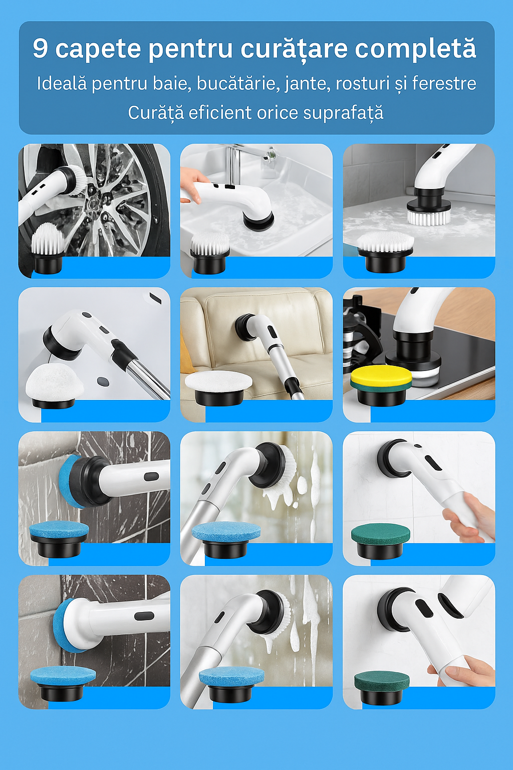 Perie Electrica Rotativa S-Eye, 9 Capete Interschimbabile, 450 RPM, 2 Trepte Viteza, Maner Extensibil 137 cm, Autonomie 90 min, Incarcare USB – Curatenie Rapida Baie, Bucatarie, Auto