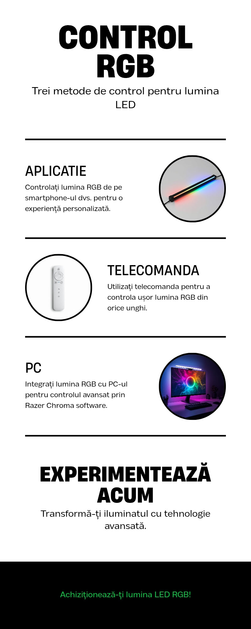 💡 Bară Luminoasă LED RGB Battletron 41cm cu Telecomandă, Aplicație și Razer Chroma