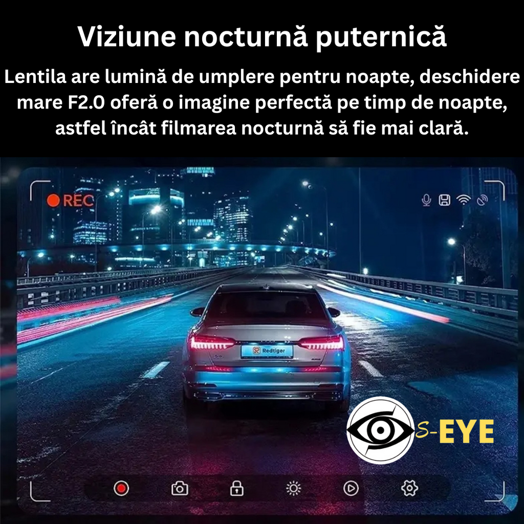 Camera Auto DVR S-Eye PRO Dubla Full HD 1080P, 170°, G-Sensor, Camera Spate Inclusa, Inregistrare in Bucla, Viziune Nocturna, Pornire Automata