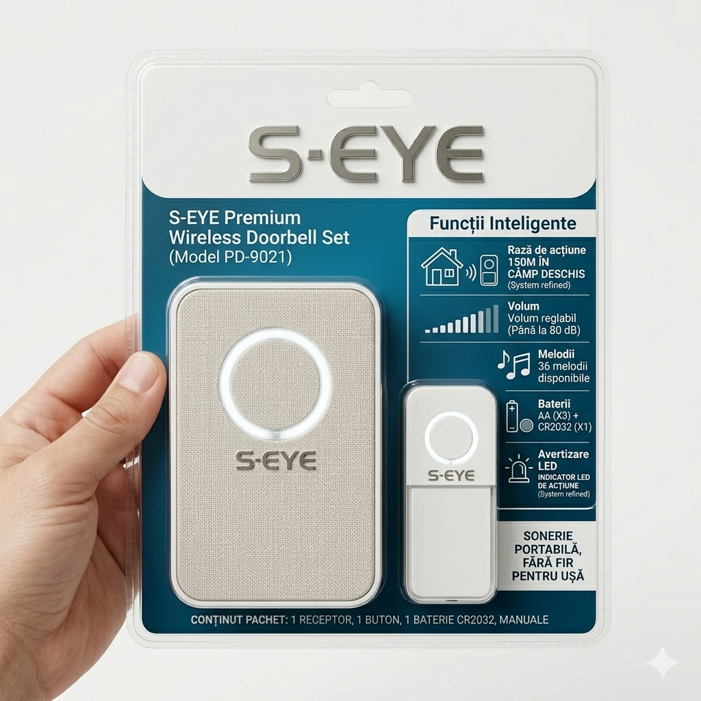 Sonerie Fără Fir S-EYE PD-9021 – 36 Melodii, Rază 150m, 80dB, IP44 🔔