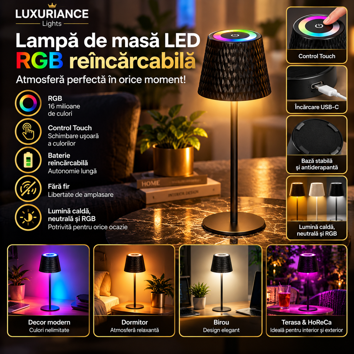 Lampă de masă LED RGB reîncărcabilă fără fir, cu touch