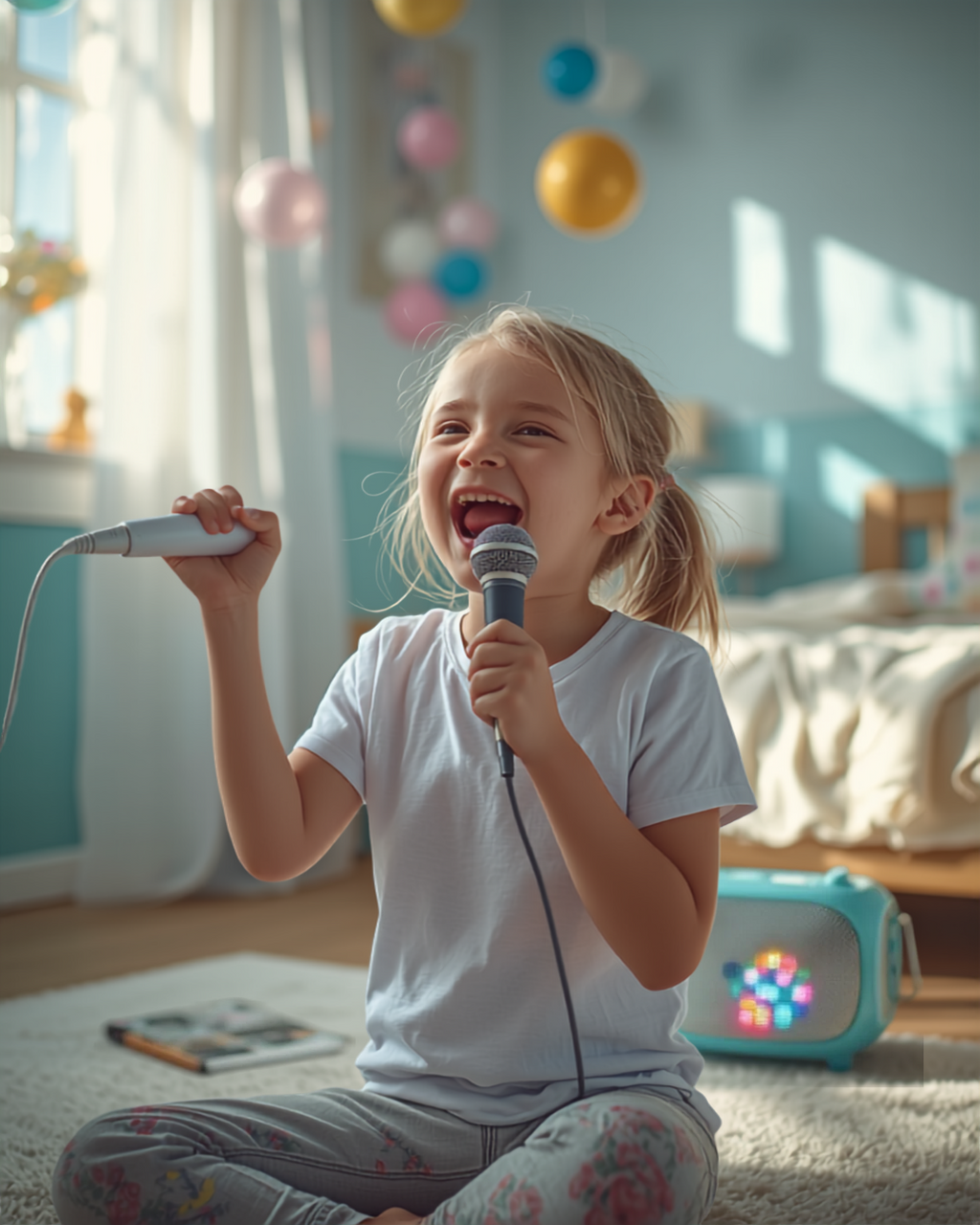 🎤 Set Karaoke cu Boxa Bluetooth 20W și 2 Microfoane – Ecou, 4 Moduri LED, Autonomie 10 Ore, Copii