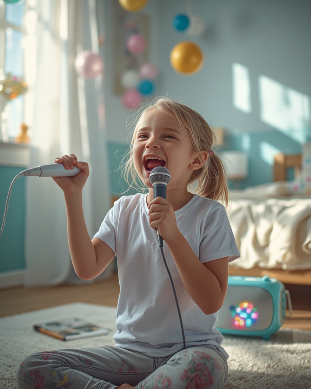 🎤 Set Karaoke cu Boxa Bluetooth 20W și 2 Microfoane – Ecou, 4 Moduri LED, Autonomie 10 Ore, Copii