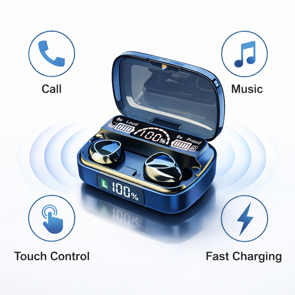 Căști Bluetooth TWS M10 V5.3, True Wireless Stereo, Display LED, Touch Control, Fast Charging, Negru