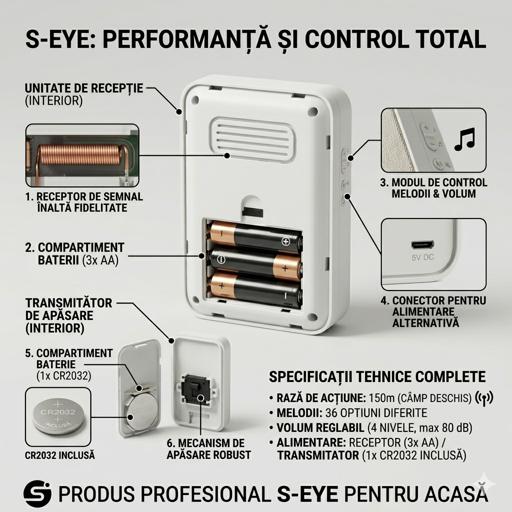 Sonerie Fără Fir S-EYE PD-9021 – 36 Melodii, Rază 150m, 80dB, IP44 🔔