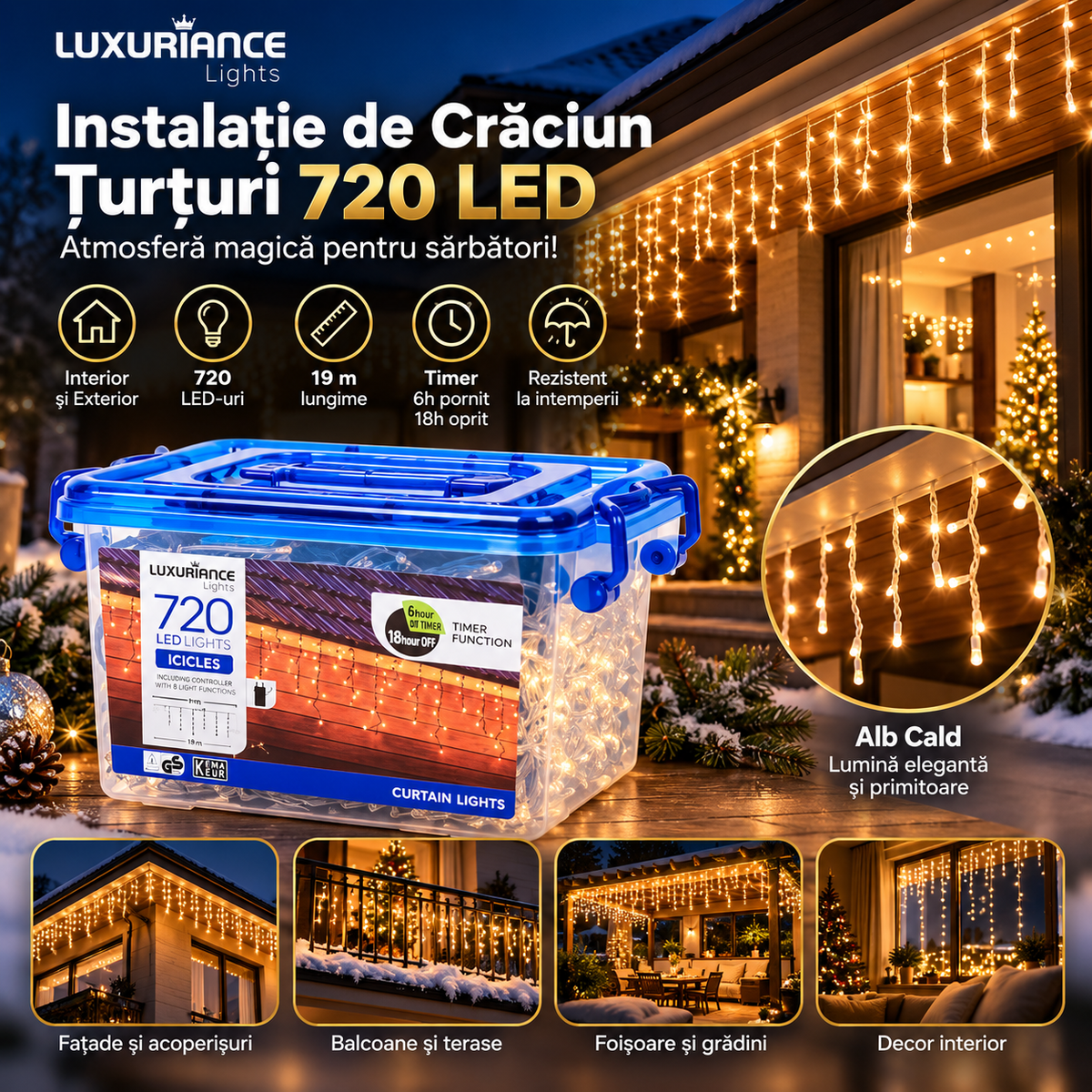 Instalație de Crăciun tip țurțuri cu 720 LED-uri alb cald