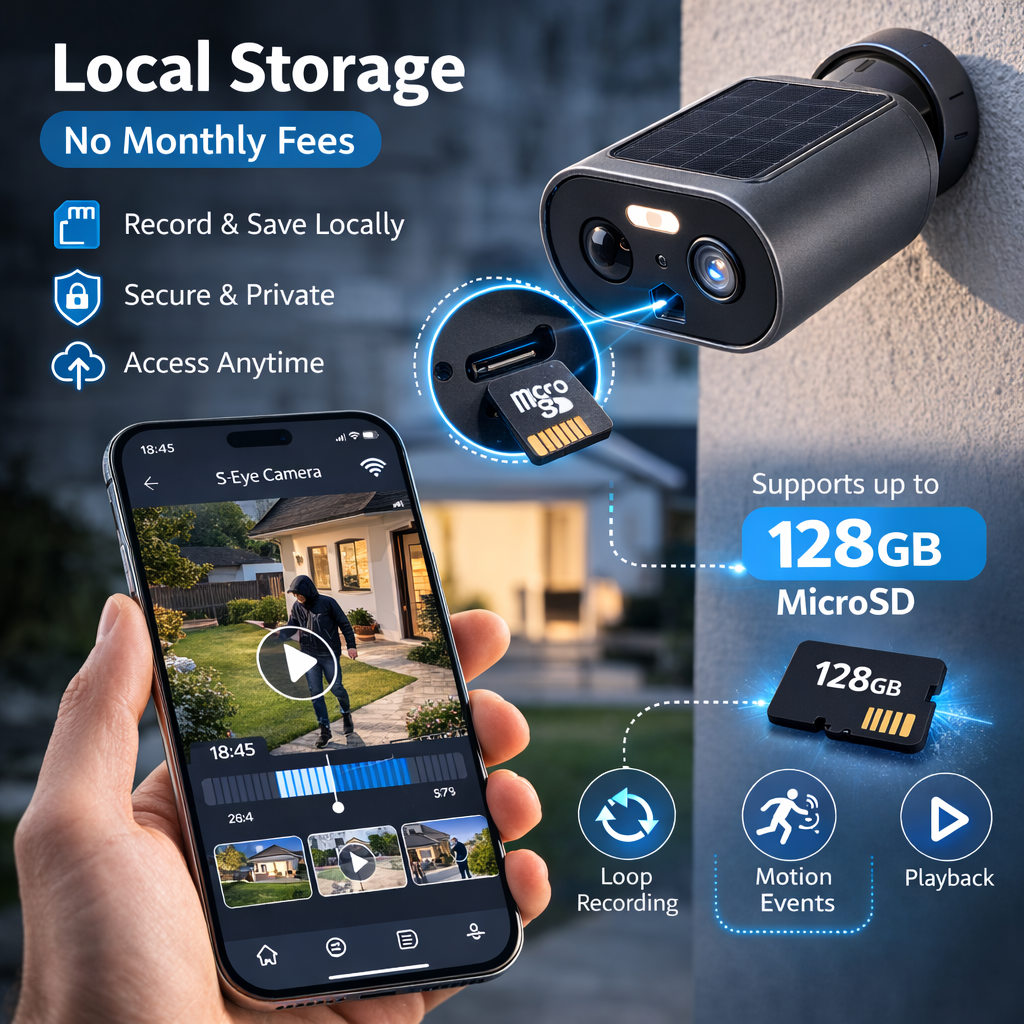 Camera Supraveghere Exterior Solara S-Eye WiFi 1080P, IP65, Detectare Miscare, Alarma 90dB, Night Vision 8m, Audio Bidirectional, MicroSD 128GB
