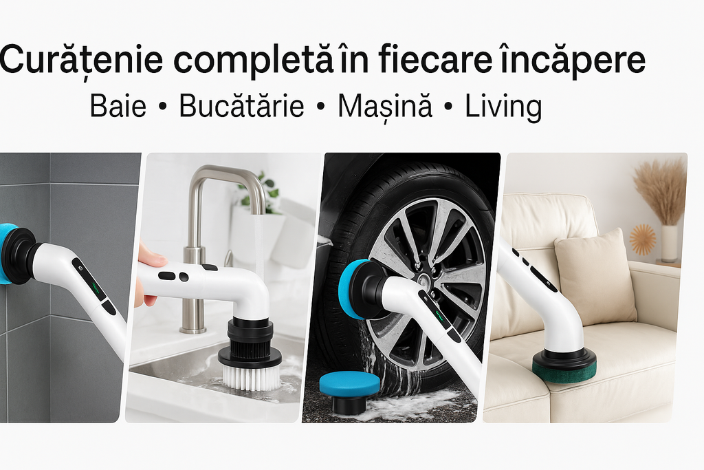 Perie Electrica Rotativa S-Eye, 9 Capete Interschimbabile, 450 RPM, 2 Trepte Viteza, Maner Extensibil 137 cm, Autonomie 90 min, Incarcare USB – Curatenie Rapida Baie, Bucatarie, Auto