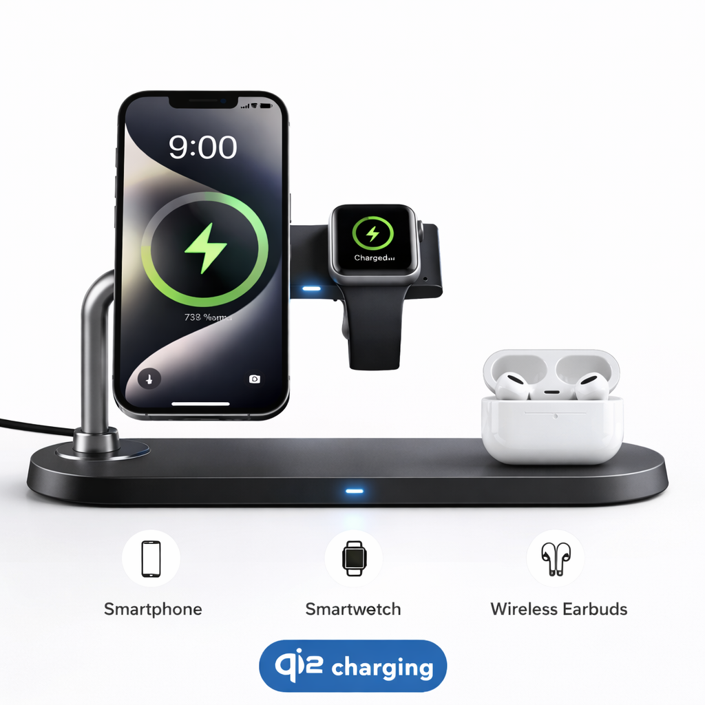 Statie de Incarcare Wireless Grundig Qi2 3 in 1, 15W, compatibila Telefon Smartwatch Casti