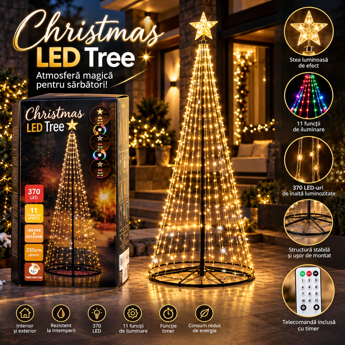 Brad de Crăciun luminos cu 370 LED-uri, 230 cm