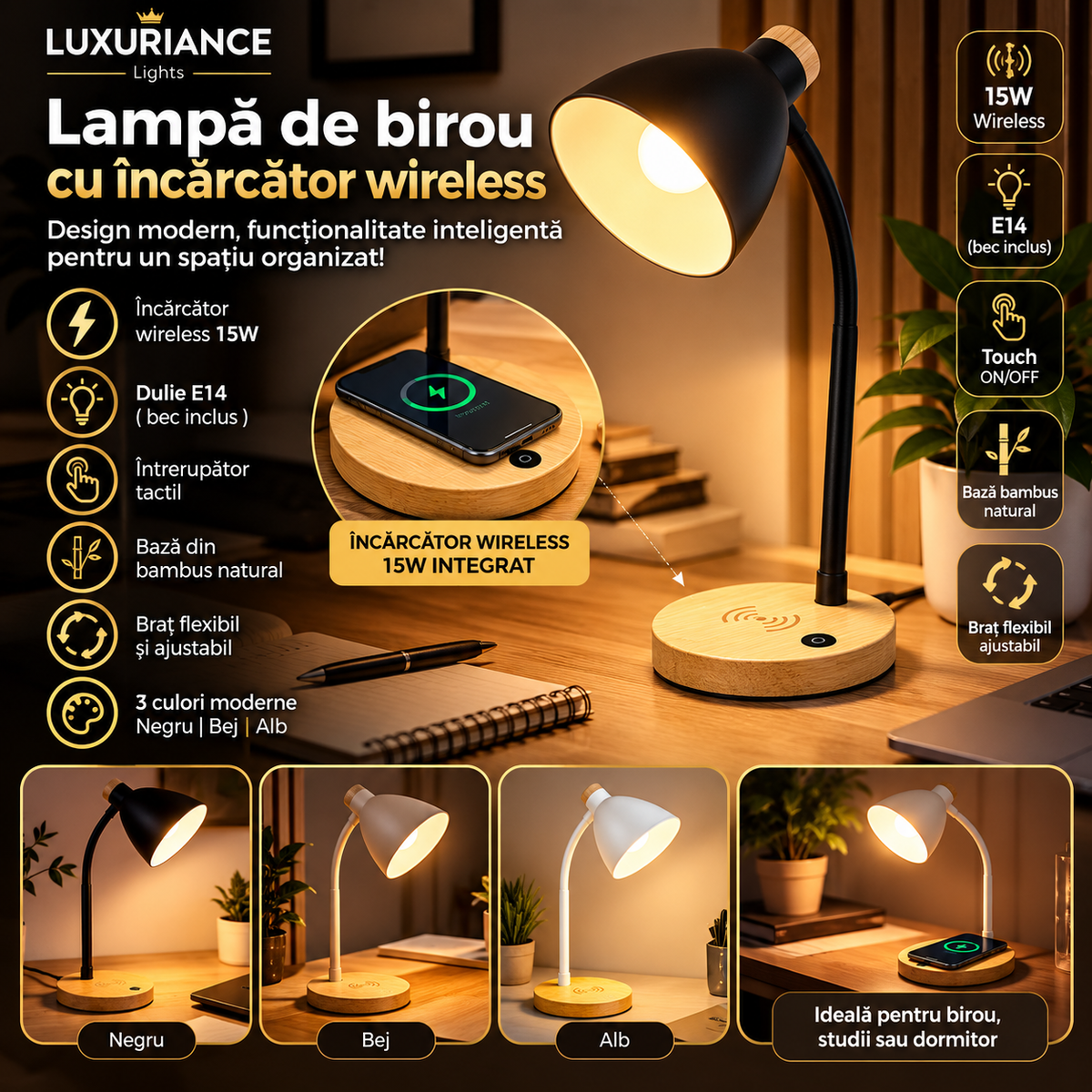 Lampă de birou cu încărcător wireless 15W și picior din bambus