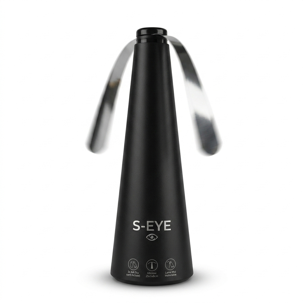 S-Eye Ventilator Anti-Muste pentru Masa, 2 Pale Moi Rotative Reflectorizante, Repelent Insecte Zburatoare Fara Substante Chimice, Sigur pentru Copii si Animale, Alimentare 2 x AA, 25 x 9 x 8 cm, Negru