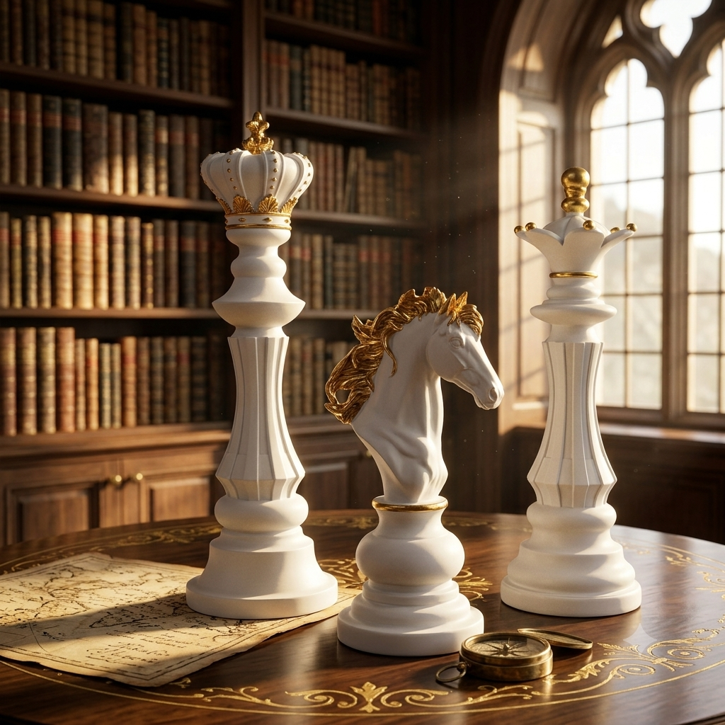 Set 3 Piese Șah Decorative — Rege, Regină, Cal — Alb cu Detalii Aurii