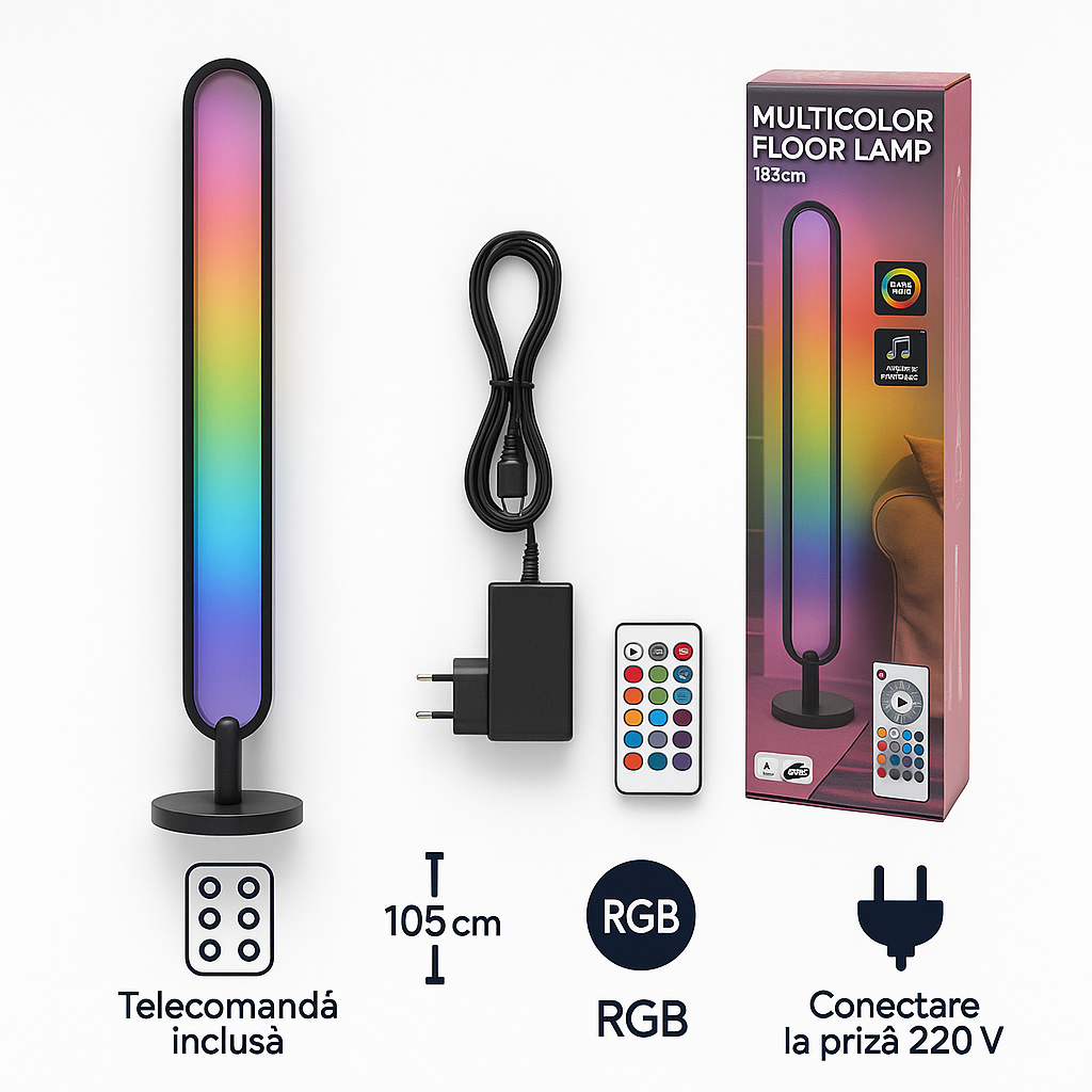 Lampă de Podea LED Multicoloră S-Eye, Control Telecomandă, Reacție la Muzică, Efecte RGB Dinamice, Design Modern, 105 cm – Iluminare Ambientală pentru Sufragerie, Dormitor, Birou