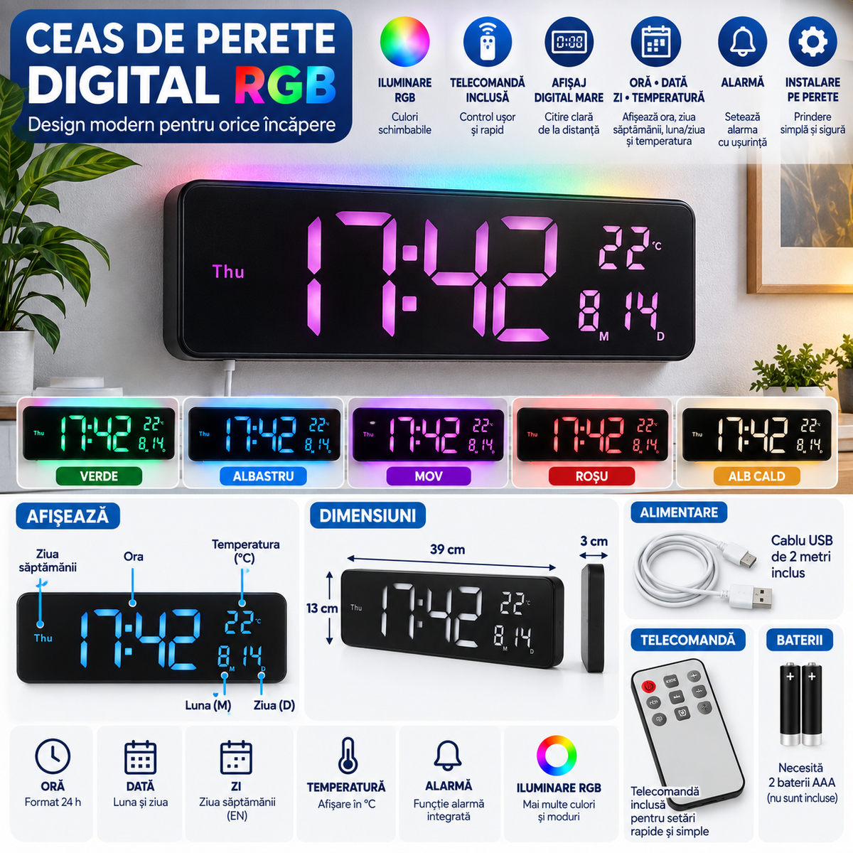 🕒 Ceas de Perete Digital LED RGB 39 cm – Telecomandă, Temperatură, Dată, Alarmă Dublă, USB-C