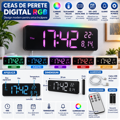 🕒 Ceas de Perete Digital LED RGB 39 cm – Telecomandă, Temperatură, Dată, Alarmă Dublă, USB-C