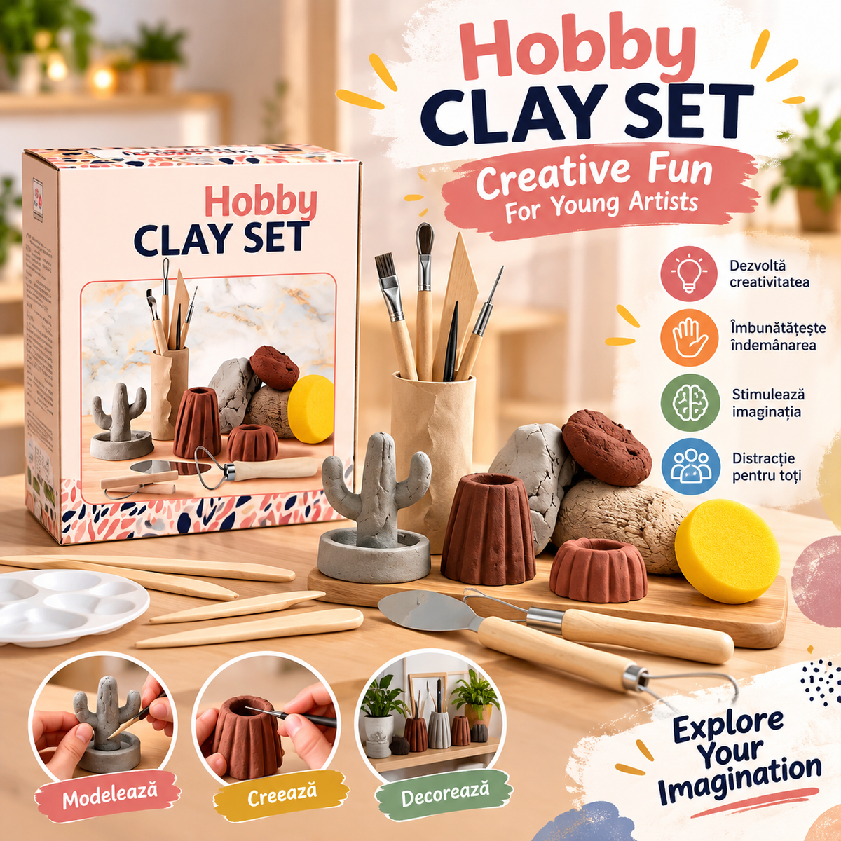 Set plastilină modelaj Craft Sensations 1,5 kg cu 10 unelte