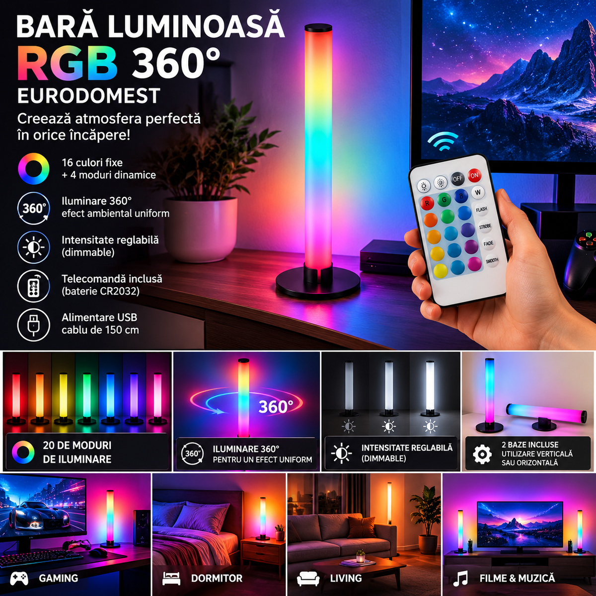 Bară LED RGB 360° multicolor cu telecomandă
