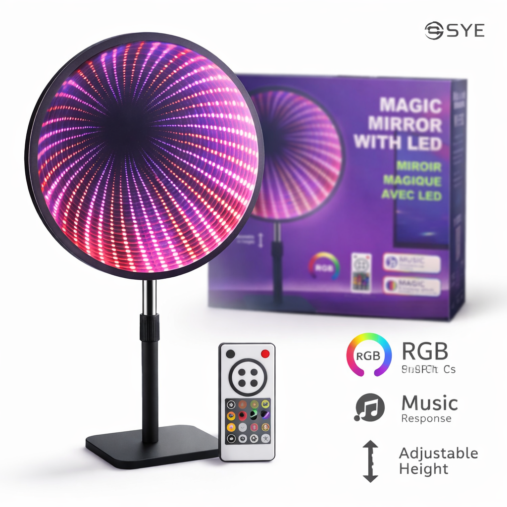 Oglindă Magică cu LED S-Eye RGB – Efect Tunel Infinit, Reacție la Muzică, 8 Moduri, Telecomandă Inclusă, Înălțime Reglabilă