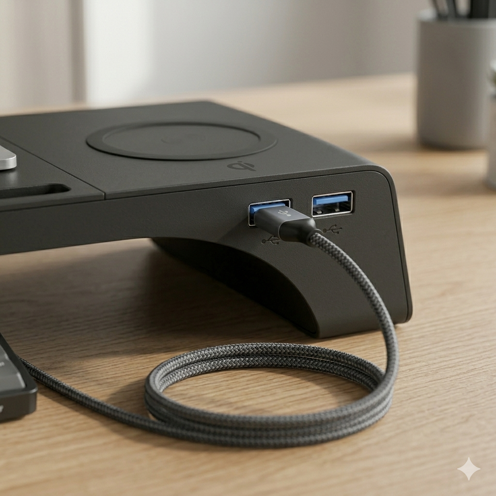 🖥️ Suport Monitor S-Eye cu Incarcare Wireless 15W, 2 x USB-A si Organizator Birou 55cm