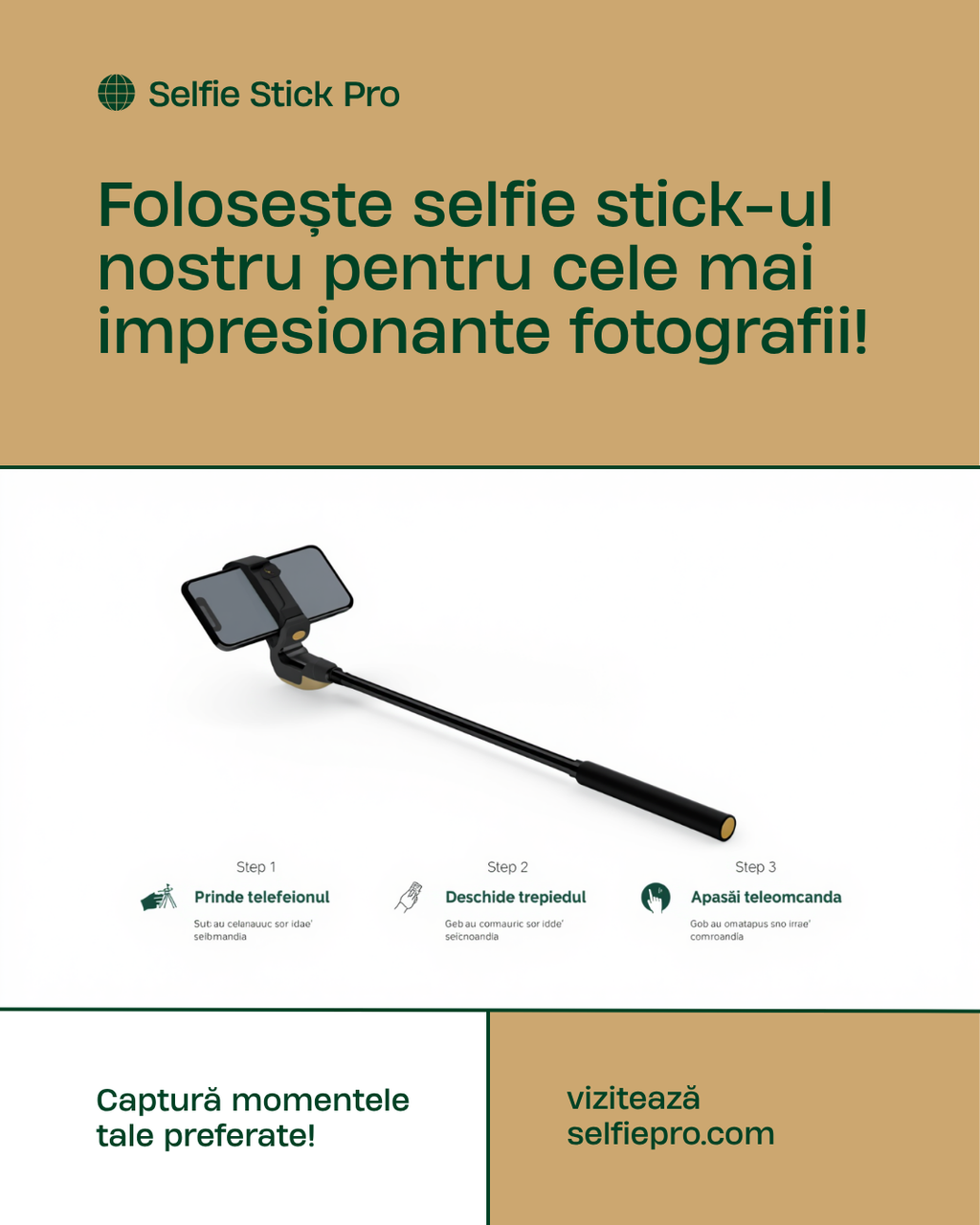📸 Selfie Stick S-Eye 3-în-1 cu Trepied și Telecomandă Bluetooth 74cm