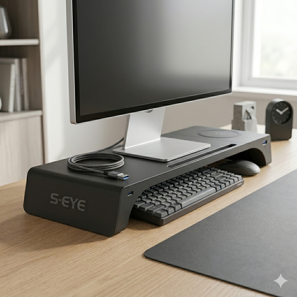 🖥️ Suport Monitor S-Eye cu Incarcare Wireless 15W, 2 x USB-A si Organizator Birou 55cm