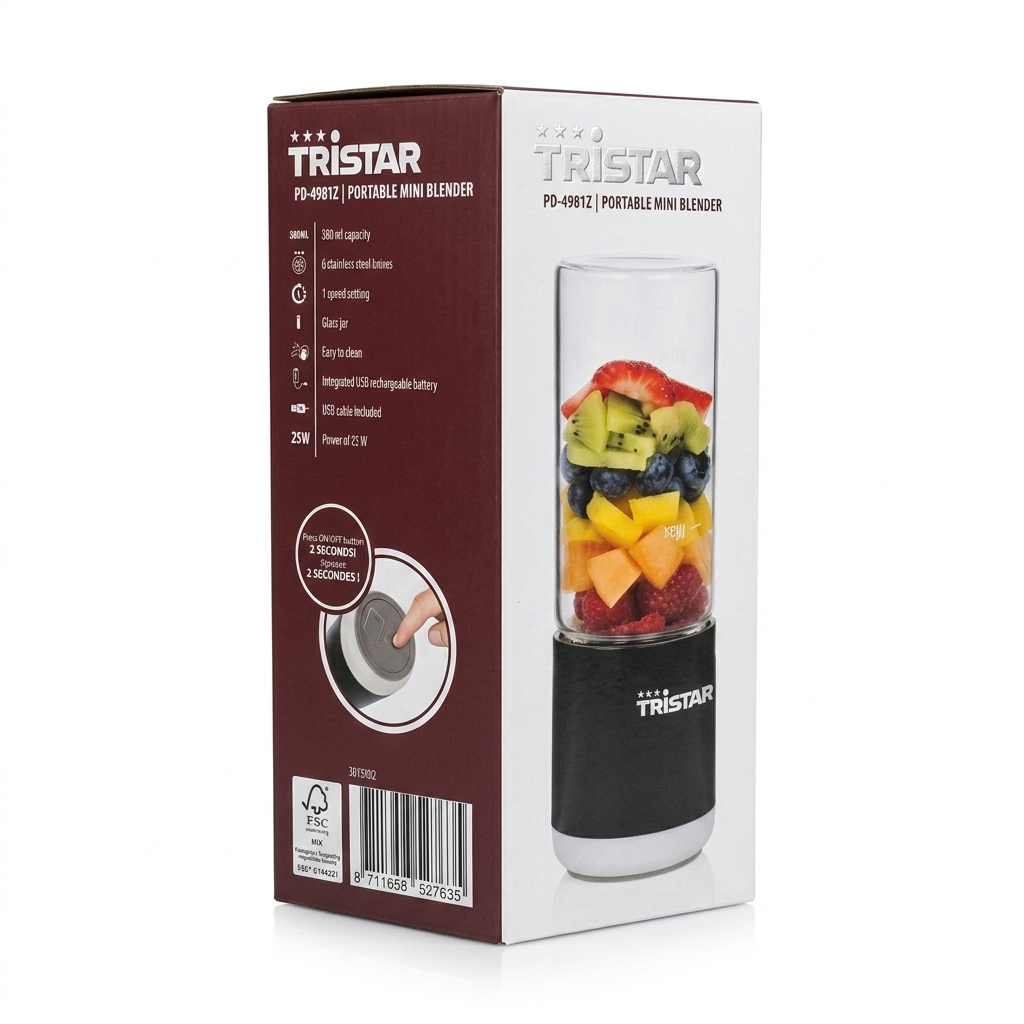 Blender Portabil Tristar PD-4981Z 🍓 380 ml, 25 W, 6 Lame Inox, Reîncărcabil USB, Recipient din Sticlă