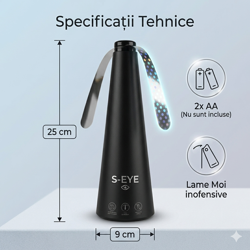 S-Eye Ventilator Anti-Muste pentru Masa, 2 Pale Moi Rotative Reflectorizante, Repelent Insecte Zburatoare Fara Substante Chimice, Sigur pentru Copii si Animale, Alimentare 2 x AA, 25 x 9 x 8 cm, Negru