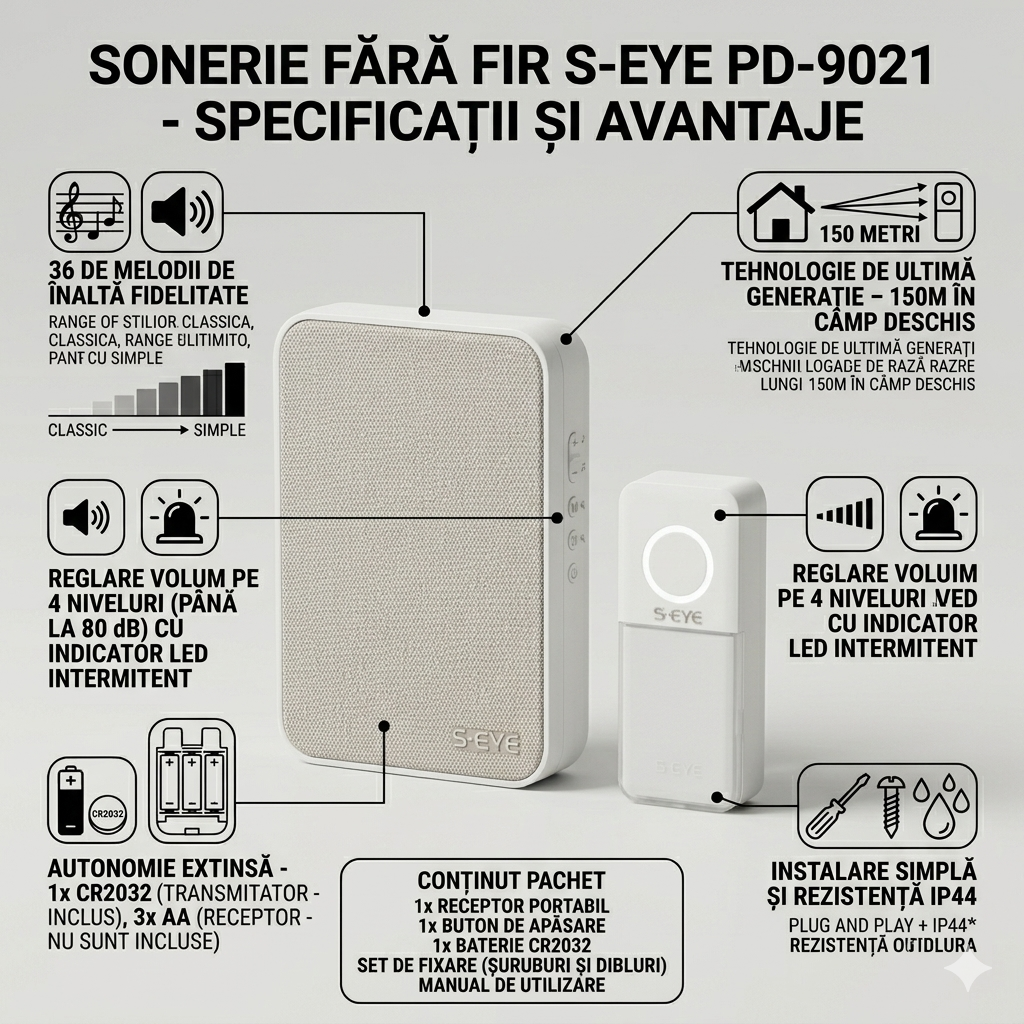 Sonerie Fără Fir S-EYE PD-9021 – 36 Melodii, Rază 150m, 80dB, IP44 🔔