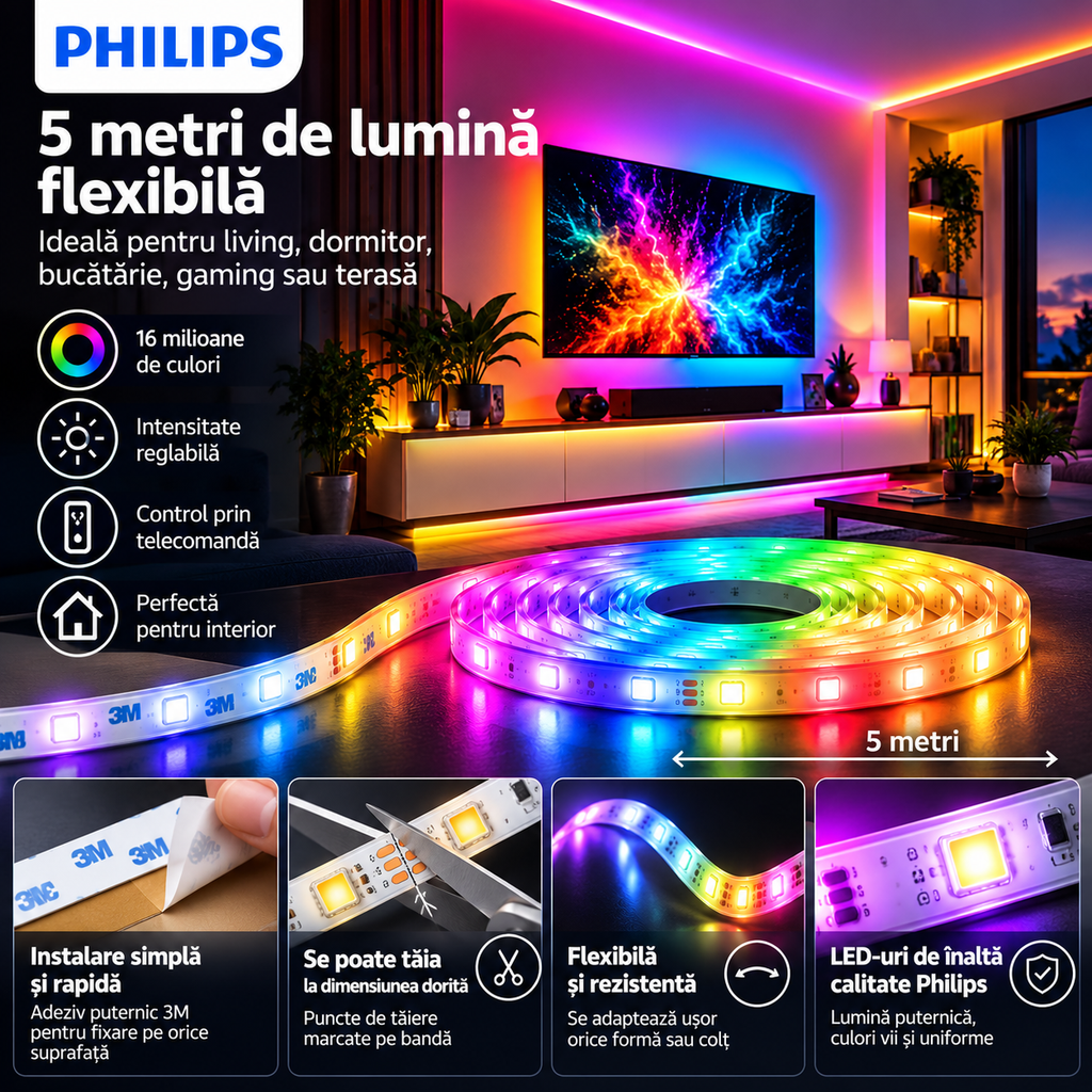 Bandă LED Philips RGB Interior 5m – 1500 lm, 24W, 256 Culori, Reglaj 10–100%, Telecomandă – imaginea 9