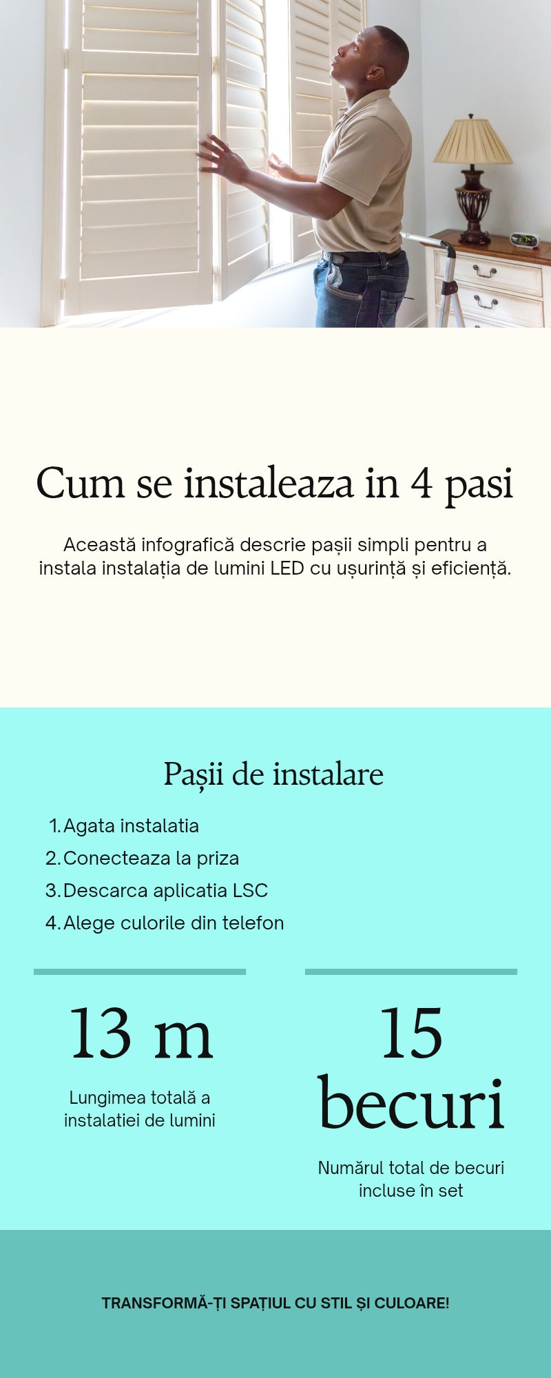 🎉 Instalație Exterior LSC Smart Connect 13m – 15 Becuri + 56 Luminițe, RGBIC, WiFi, IP44, Extensibilă