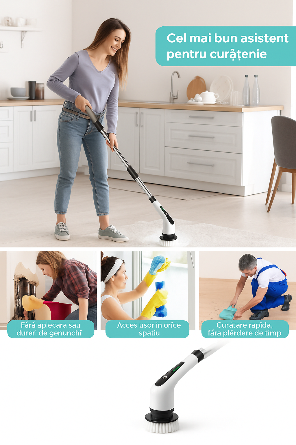 Perie Electrica Rotativa S-Eye, 9 Capete Interschimbabile, 450 RPM, 2 Trepte Viteza, Maner Extensibil 137 cm, Autonomie 90 min, Incarcare USB – Curatenie Rapida Baie, Bucatarie, Auto