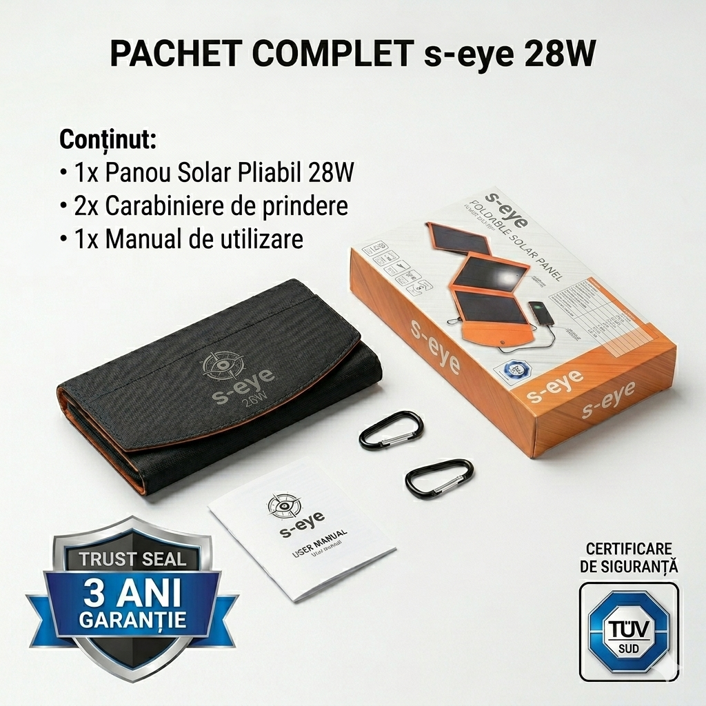 ☀️ Panou Solar Portabil Pliabil S-Eye 28W | Power Delivery | USB-C + USB-A | IPX4 | Camping & Aventura