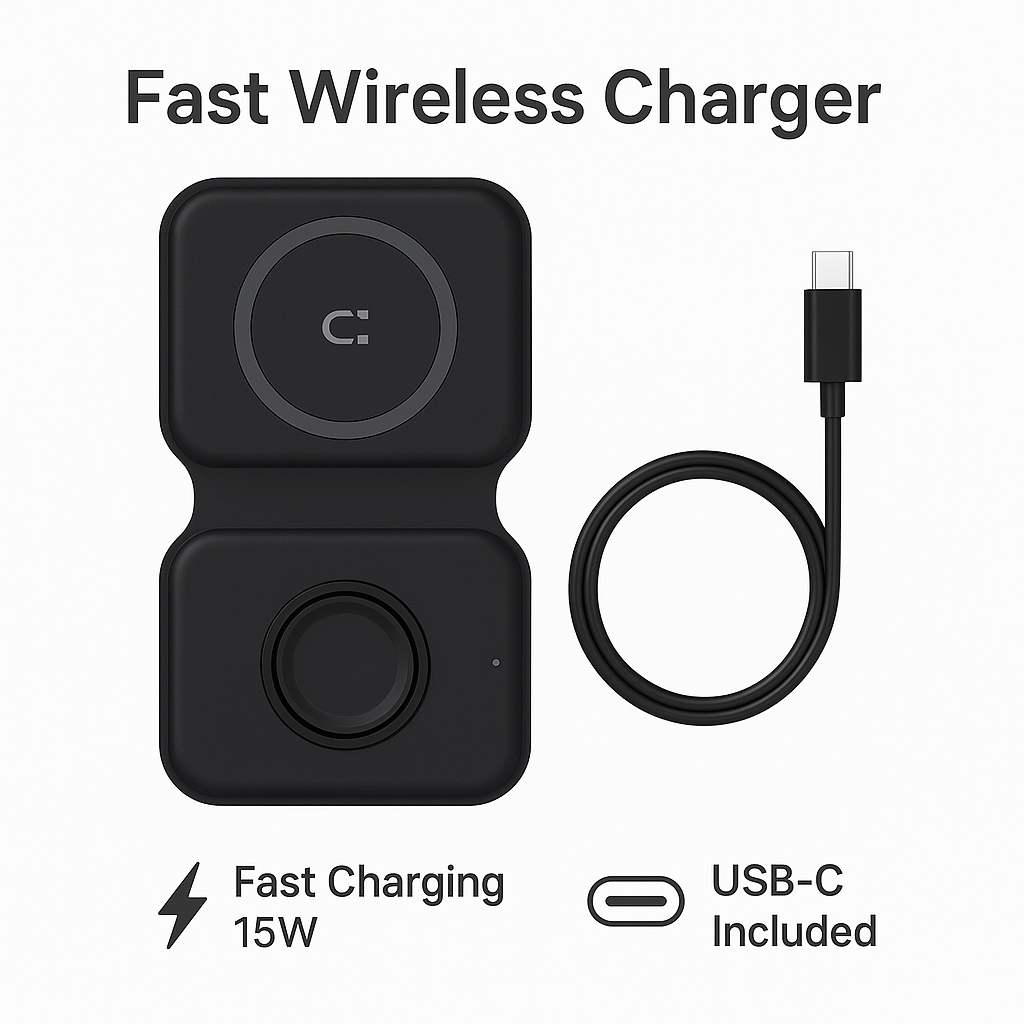 Incarcator Wireless 2in1 S-Eye DuoFold 15W, Fast Charging, USB-C, Telefon si Apple Watch, AirPods, Pliabil, Compatibil Qi – iPhone Samsung