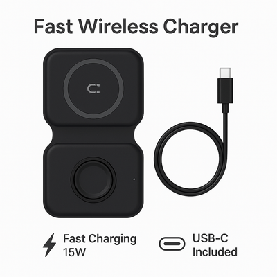Incarcator Wireless 2in1 S-Eye DuoFold 15W, Fast Charging, USB-C, Telefon si Apple Watch, AirPods, Pliabil, Compatibil Qi – iPhone Samsung