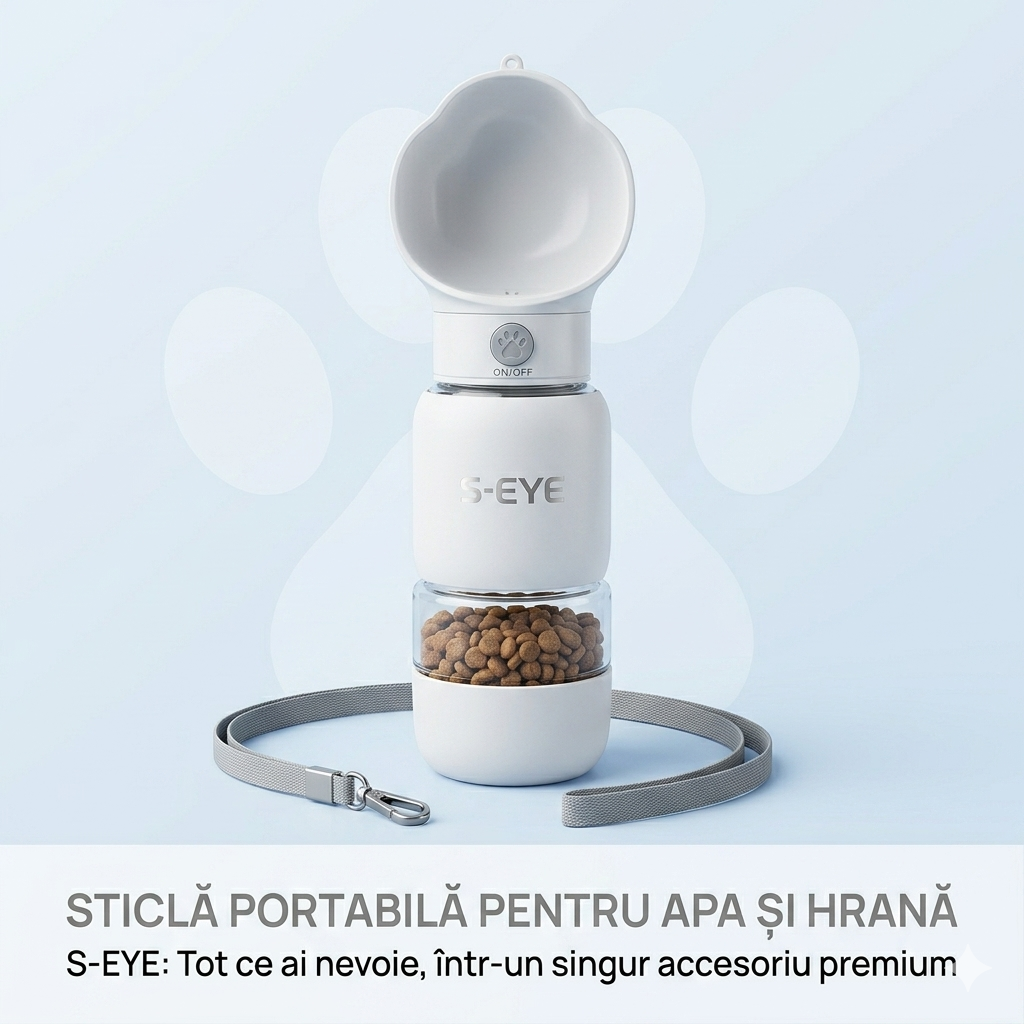 Sticla Portabila S-Eye 2 in 1 pentru Caini, Recipient Apa si Hrana cu Bol Detasabil, Buton On/Off Anti-Scurgere, 350 ml + 250 ml, Alb