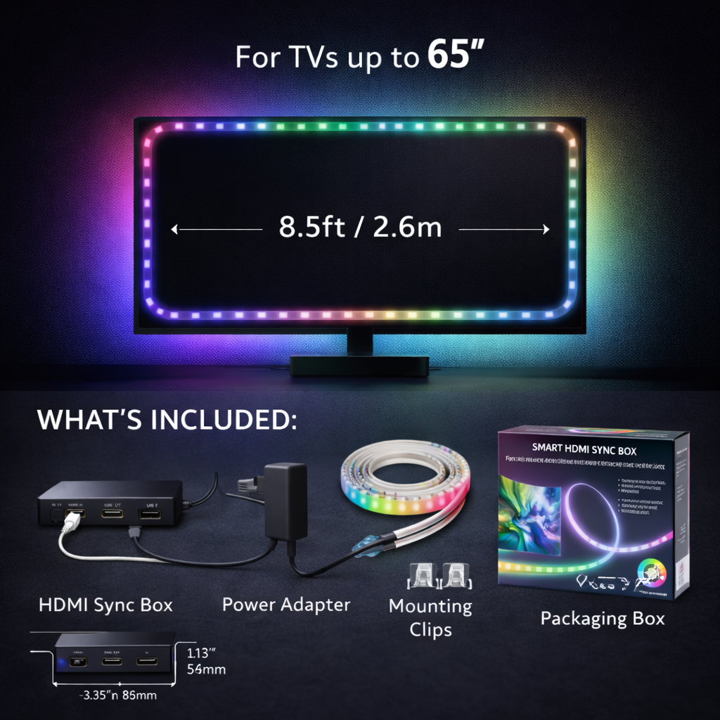 S-Eye AmbientSync Pro – Lumina Ambientala care Urmareste Imaginea TV | Banda LED RGBIC HDMI Sync 2.6m