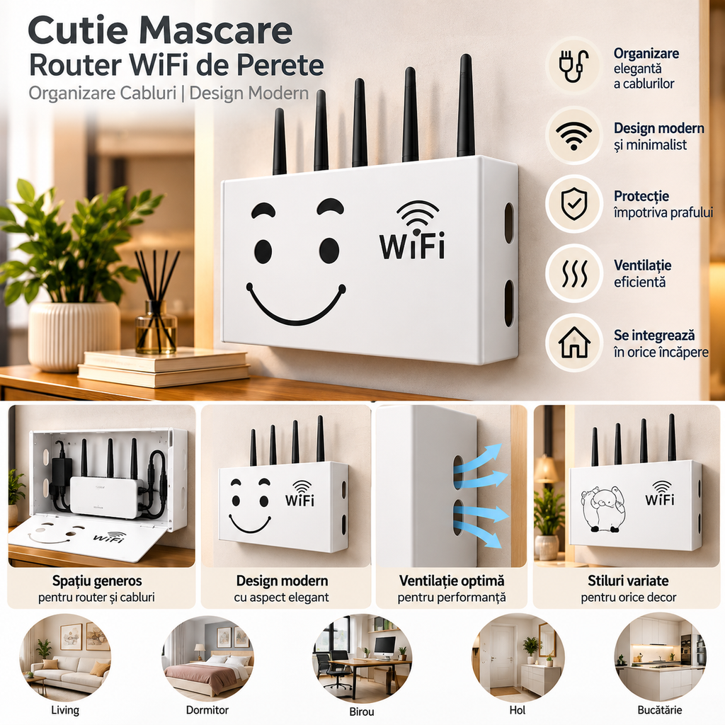 📦 Cutie Mascare Router WiFi de Perete – Organizare Cabluri, Alb