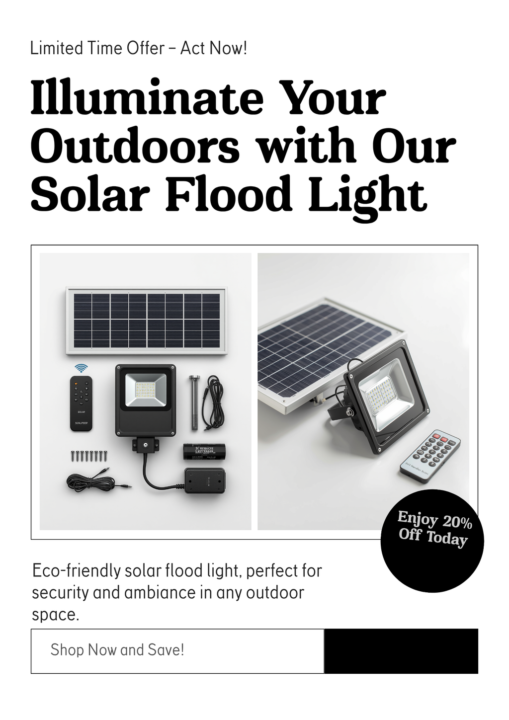 ☀️ Proiector Solar S-Eye 800 Lumen – LED, IP65, Senzor Zi/Noapte, Telecomandă, Panou Solar