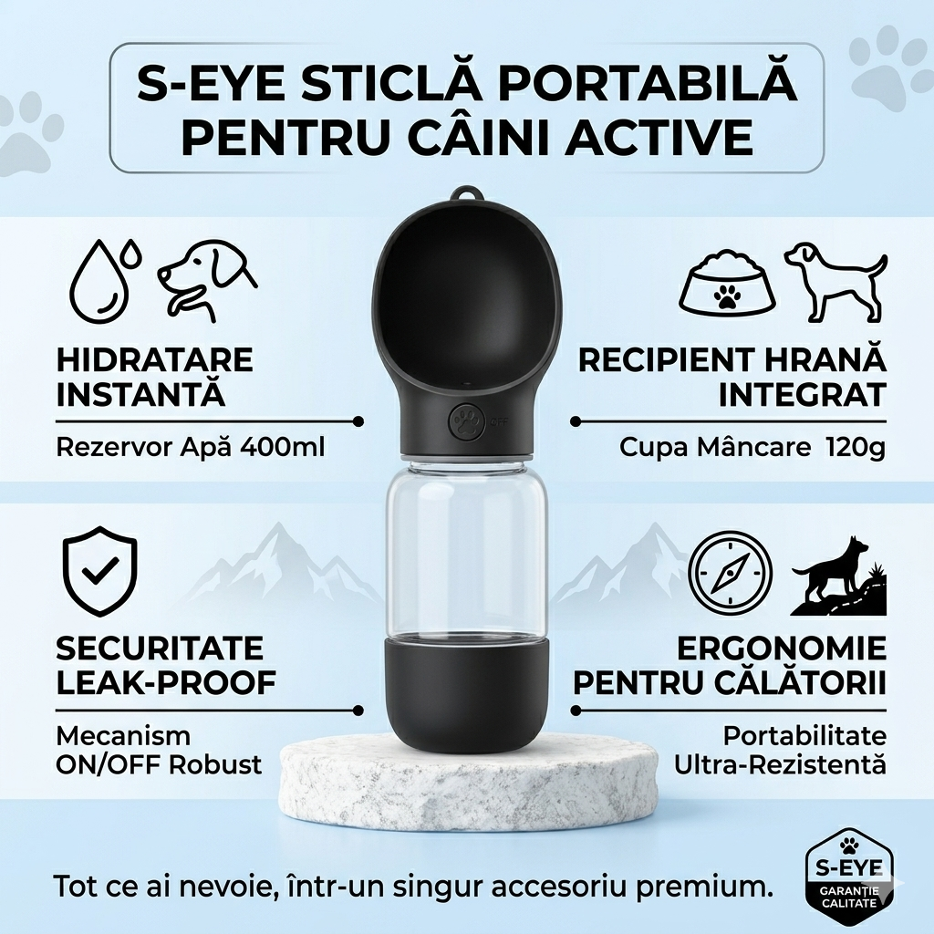 Sticla Portabila S-Eye 2 in 1 pentru Caini, Recipient Apa si Hrana cu Bol Detasabil, Buton On/Off Anti-Scurgere, 350 ml + 250 ml, Alb