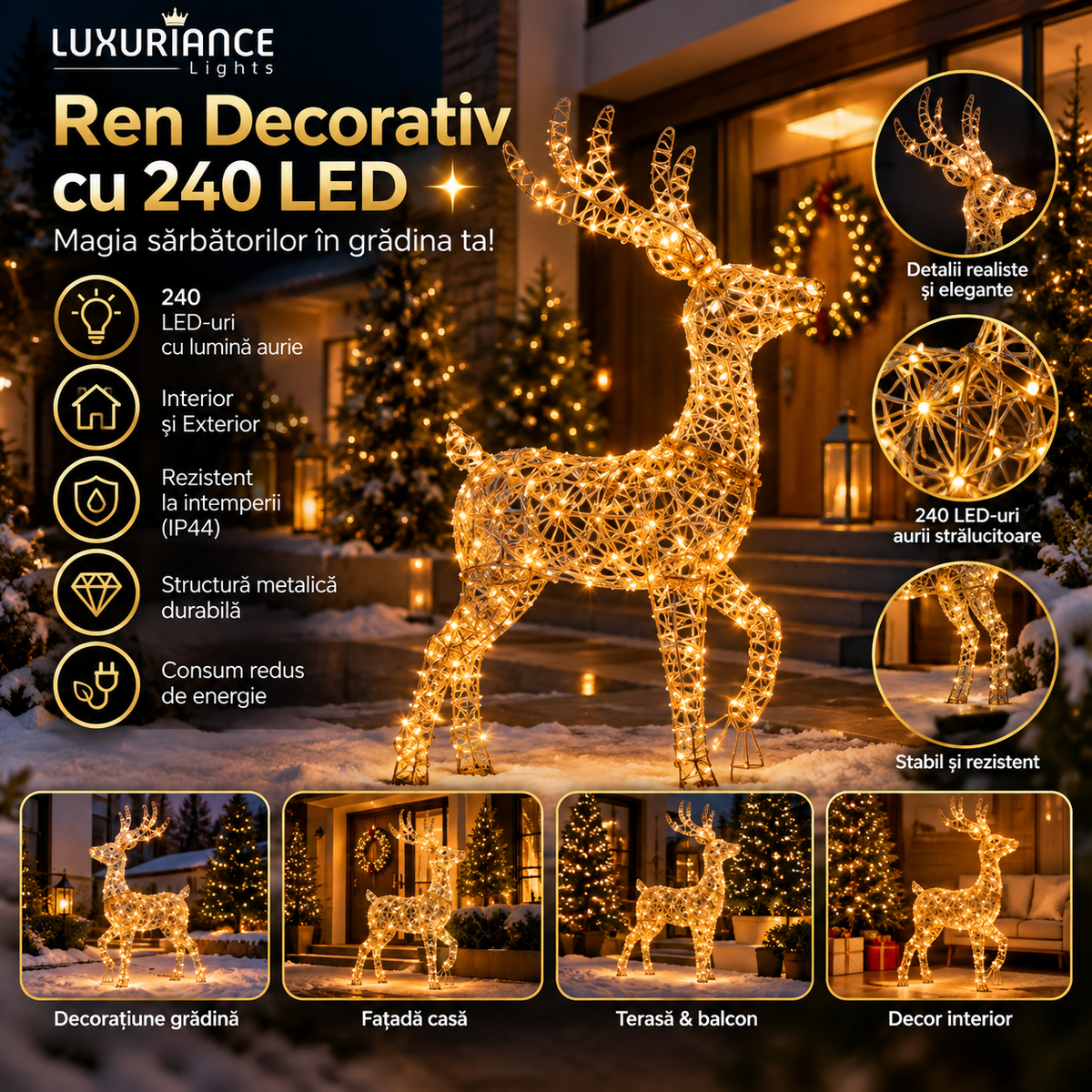 Ren decorativ împletit cu 240 LED-uri aurii