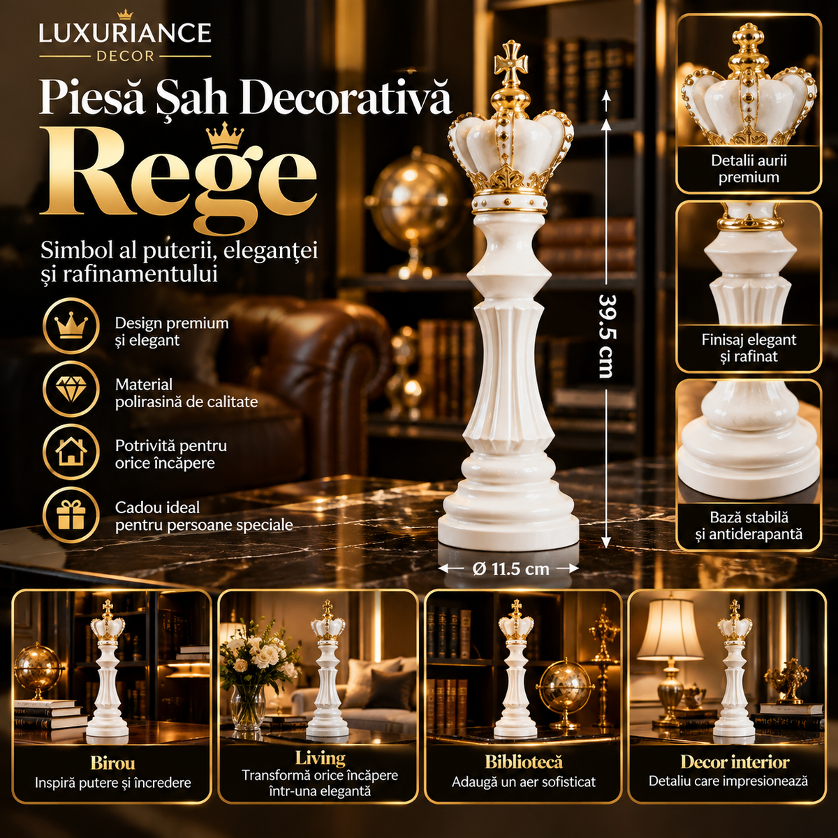 Piesă de șah decorativă Rege, alb cu detalii aurii