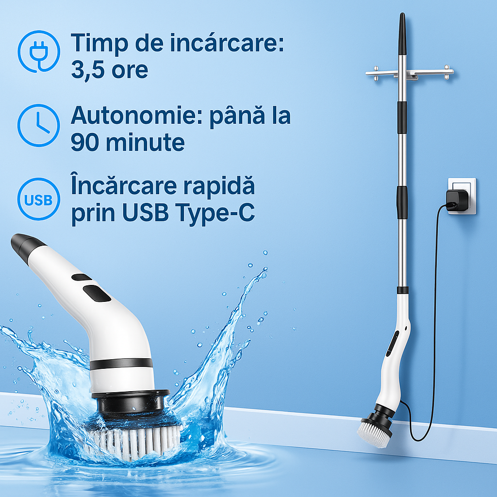 Perie Electrica Rotativa S-Eye, 9 Capete Interschimbabile, 450 RPM, 2 Trepte Viteza, Maner Extensibil 137 cm, Autonomie 90 min, Incarcare USB – Curatenie Rapida Baie, Bucatarie, Auto