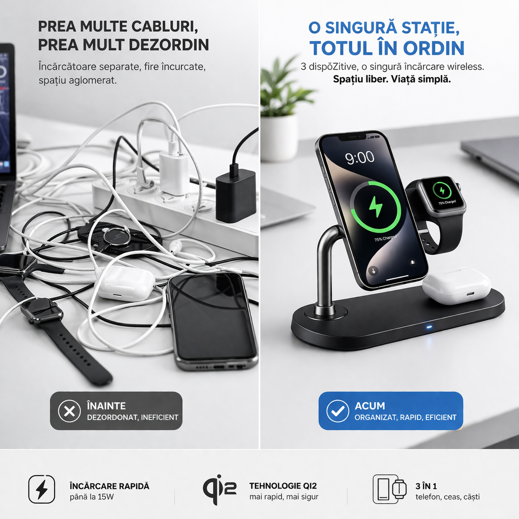 Statie de Incarcare Wireless Grundig Qi2 3 in 1, 15W, compatibila Telefon Smartwatch Casti