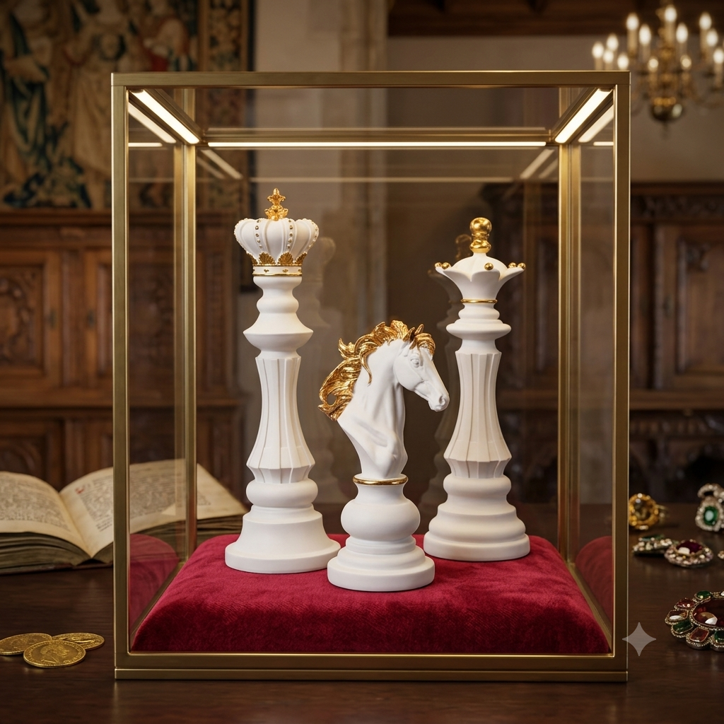 Set 3 Piese Șah Decorative — Rege, Regină, Cal — Alb cu Detalii Aurii