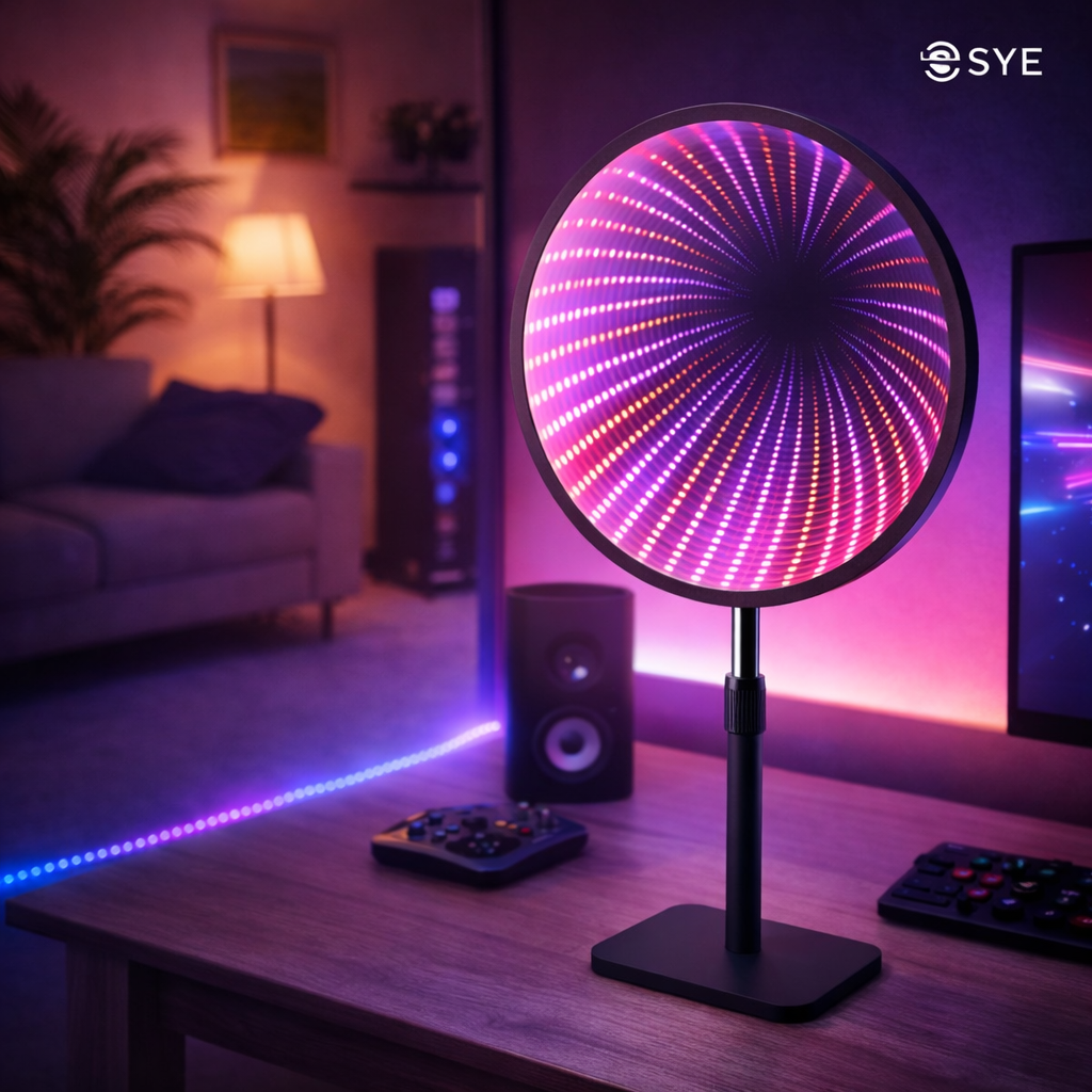 Oglindă Magică cu LED S-Eye RGB – Efect Tunel Infinit, Reacție la Muzică, 8 Moduri, Telecomandă Inclusă, Înălțime Reglabilă